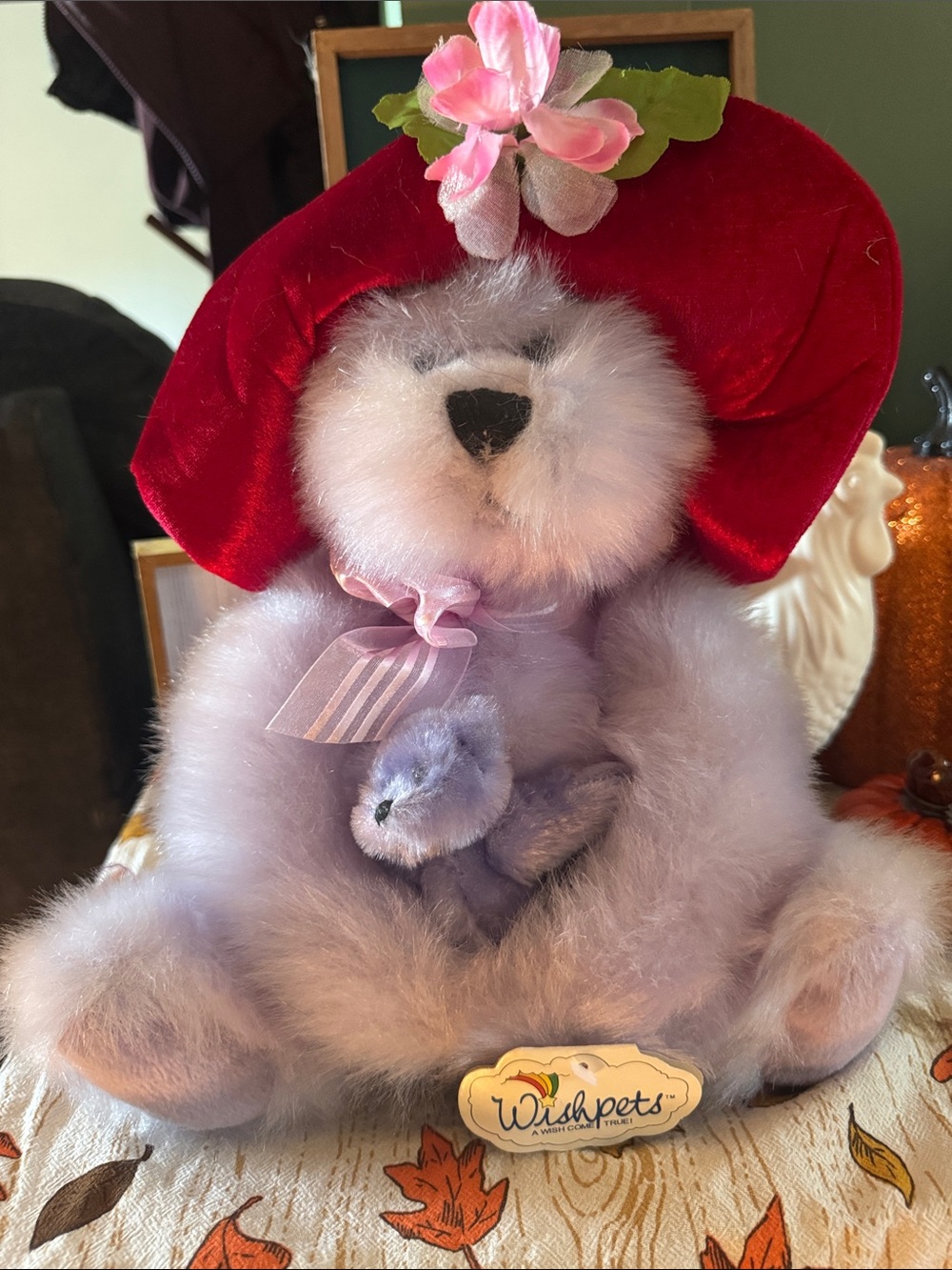 Plush Purple Teddy Bear with Red Hat